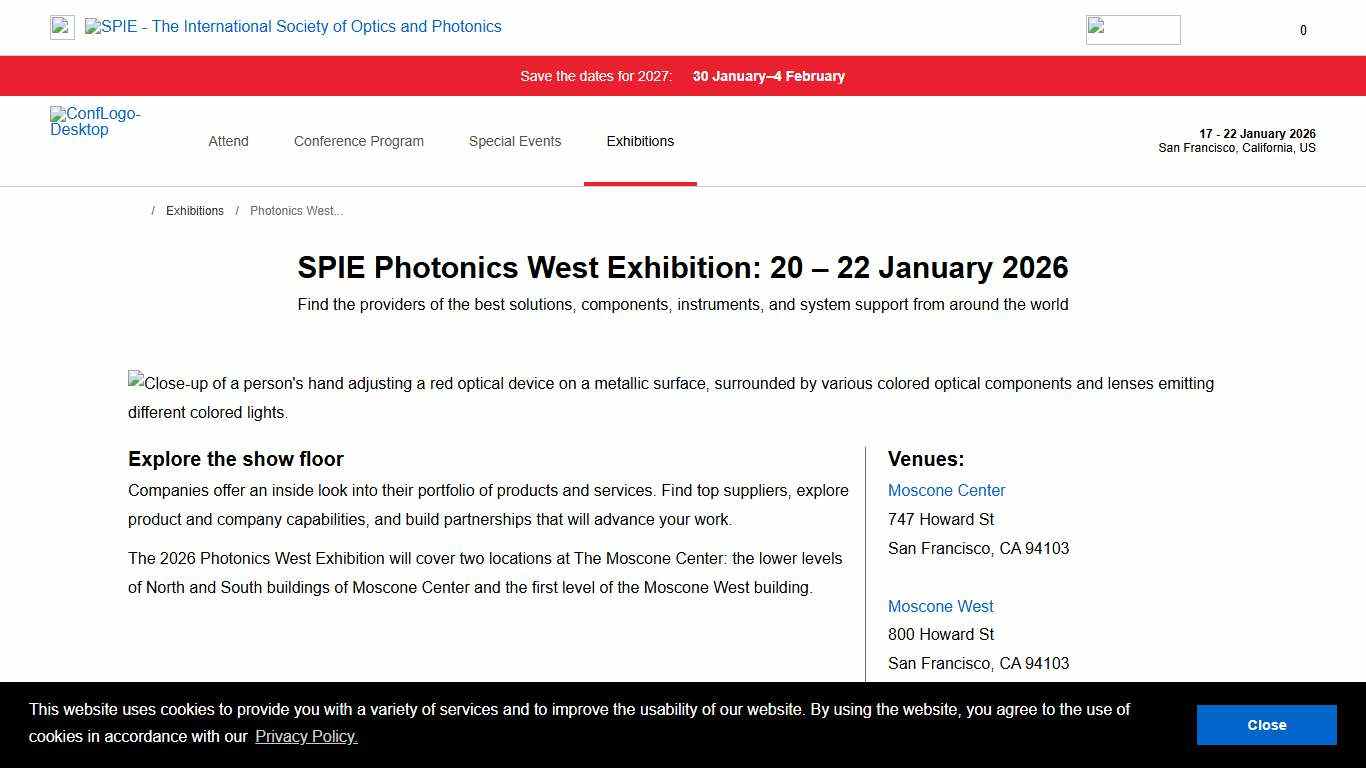 SPIE Photonics West Exhibition: 20 – 22 January 2026